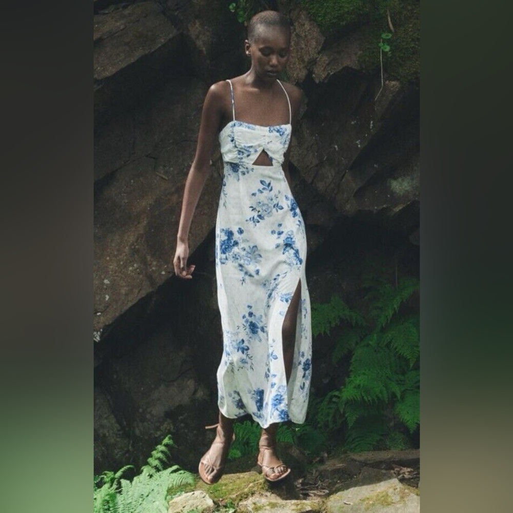SOLD Zara Blue White Floral Print Camisole Midi Dress Front Slit Size S